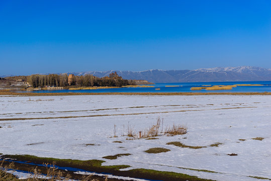 Fabulous view of Hayravank monastery and lake Sevan, Armenia