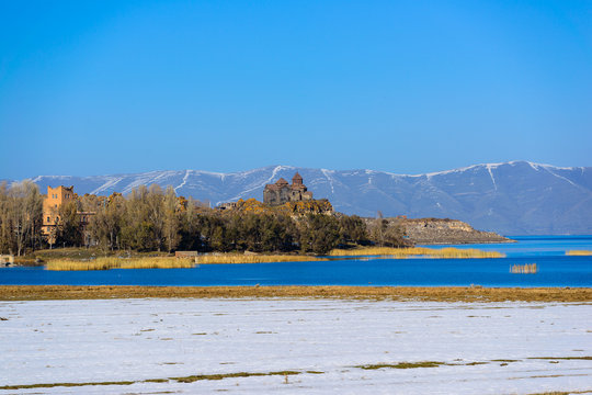 Fabulous view of Hayravank monastery and lake Sevan, Armenia