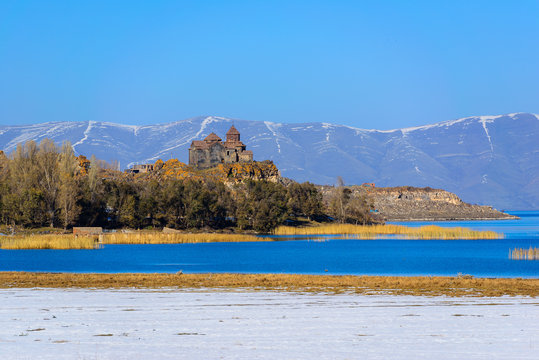Fabulous view of Hayravank monastery and lake Sevan, Armenia