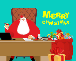 Merry Christmas. Santa Claus at work. Big red bag with gifts for