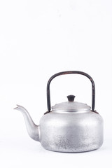 old vintage retro Kettle on white background drink isolated (side view) . Which, kettle made of aluminum materials.
