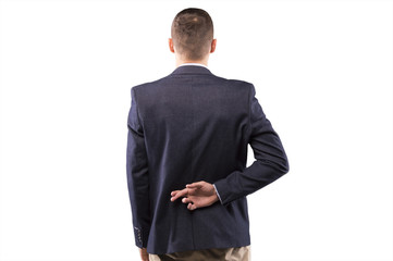 Man in a suit crossed his fingers behind his back