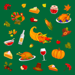 Thanksgiving, green background, illustration. Food and beverages, vegetables, fruit.