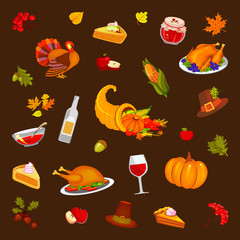 Thanksgiving Day, brown background, illustration. Food and beverages, vegetables, fruit.
