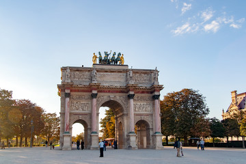 Fototapeta na wymiar PARIS, FRANCE APRIL 22. Arc de Triomphe du Carrousel, between Place du Carrousel and the Tuileries garden