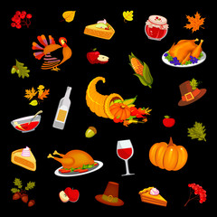 Thanksgiving Day, black background, illustration. Food and beverages, vegetables, fruit.