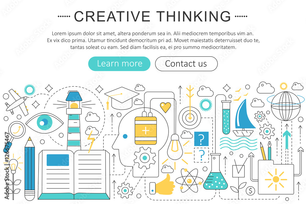 Poster Vector elegant thin flat line Creative thinking concept. Website header banner elements layout. Presentation, flyer and poster. Creative idea.