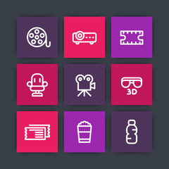 cinema line icons set, movie, projector, film strip, reel, tickets, seat, popcorn bucket