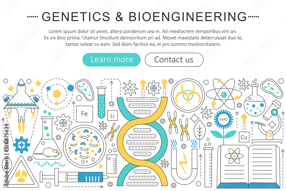 Poster Vector elegant thin flat line Genetics and bioengineering concept. Website header banner elements layout. Presentation, flyer and poster.