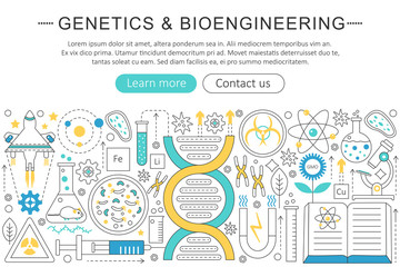 Vector elegant thin flat line Genetics and bioengineering concept. Website header banner elements layout. Presentation, flyer and poster.