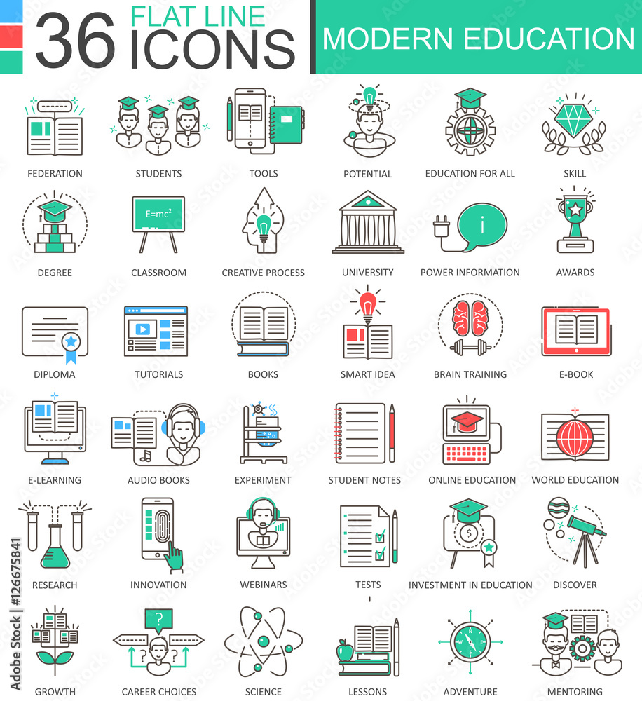 Poster vector modern education color flat line outline icons for apps and web design. internet education ic