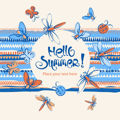 Hello summer lettering. Abstract summer insects vector background © tanjasmirnova