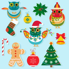 Christmas icons, flat color design. New year elements, objects, holiday decoration. Christmas toys.