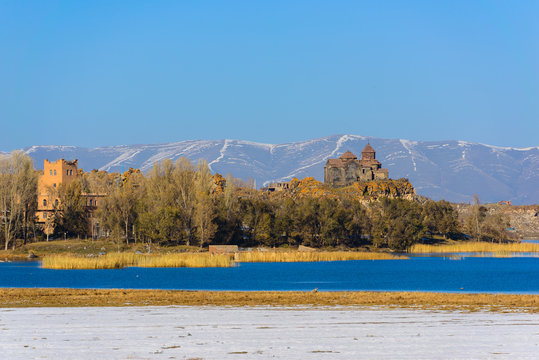 Fabulous view of Hayravank monastery and lake Sevan, Armenia