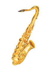 Fototapeta na wymiar Isolated watercolor golden saxophone on white background..