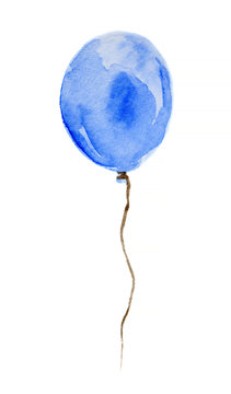Isolated watercolor balloon on white background. Beautiful and colorful blue balloon for decoration for holidays.