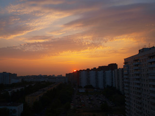Fototapeta premium Cityscape of dormitory area of Moscow, Russia on sunset