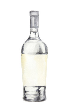 Watercolor liquor bottle on white background. Alcohol beverage. Drink for restaurant or pub.