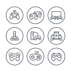 gamepads line icons in circles over white, wireless game controller, console, video gaming, joystick © nexusby