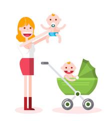 Young Girl with her Newborns and Baby Carrgiage. Isolated Flat Vector Illustration on White Background.