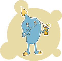 Cute cartoon blue monster with juice. Vector illustration