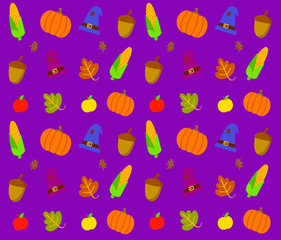 Thanksgiving Day. Purple background, illustration. Food and beverages, vegetables, fruit.