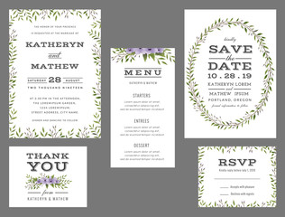 Wedding suite template decorate with wreath flowers. Save the date, wedding invitation, wedding menu, thank you card. Vector illustration.