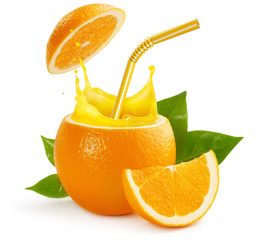 straw in orange with juice splash isolated on white