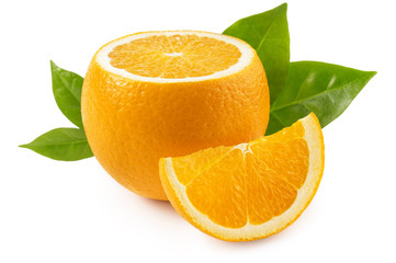 orange with slice and leaves isolated on white