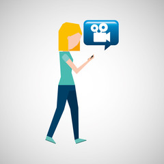 girl using smartphone walking and film camera vector illustration eps 10