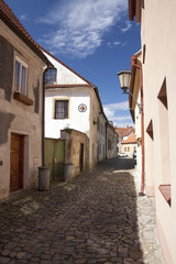 Spring cityscape with rural buildings