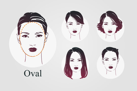 Vector set beautiful women icon portraits with differnt haircut and oval type faces. Hand drawn illustration.