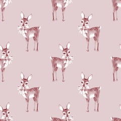 Pattern with Baby Deer. Hand drawn cute fawn on paper background. Seamless background 5