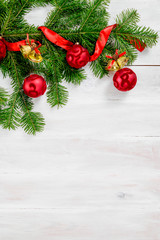 Fototapeta na wymiar Christmas white wooden background top view