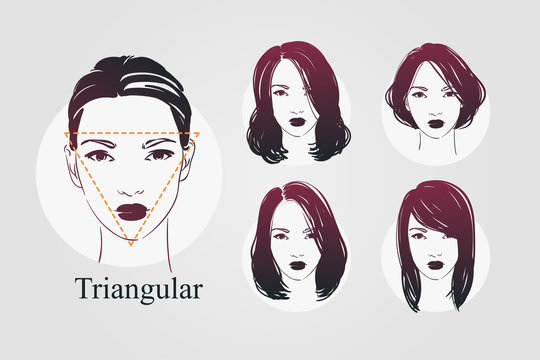 Vector set beautiful women icon portraits with differnt haircut and triangular type faces. Hand drawn illustration.
