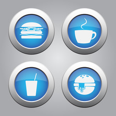 blue metallic buttons set, white fast food icons