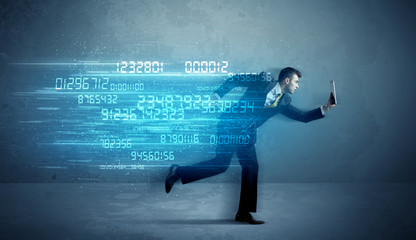 Business man running with device and data concept