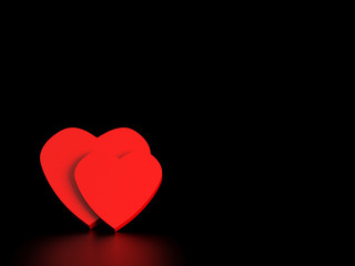 Red two double hearts on black background with reflection. Picture Valentine's Day. Dating, meeting, family, couple in love theme with free copy space for your design or text. 3d illustration
