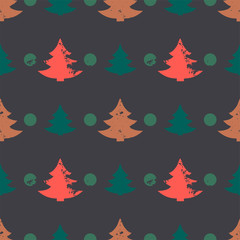 Abstract seamless pattern with Christmas trees in grunge style with scratches, vector  illustration