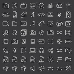 Multimedia thin line icons set on dark background