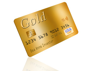 Gold credit card, gold debit card on white background
