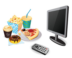 Modern way of living. Illustration of TV screen with remote and large amount of fast food. Spending time watching television.