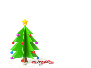 Decorative Christmas tree in cartoon style with toys colored balls, star and candy cane caramel. On white background with free copy space for text, design. Happy new year, holiday. 3d illustration