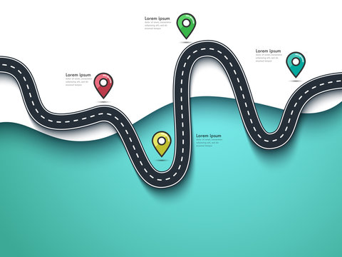 Road Trip and Journey Route. Business and Journey Infographic Flat Design Template with Pin Pointer. Stylish Winding Road. Vector EPS 10