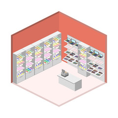 Isometric design interior of cosmetics shop vector