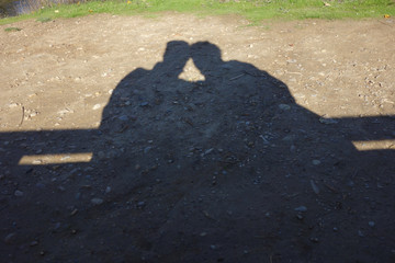 shadow of a couple together on a bench in the park