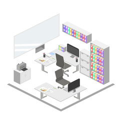 Isometric creative office interior design vector. Set of object