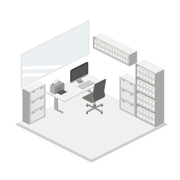 Isometric creative office interior design vector. Set of object