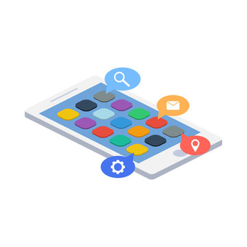 Mobile phone isometric and icons vector illustraion
