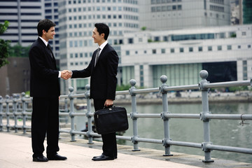 Two businessmen shaking hands, buildings in the background